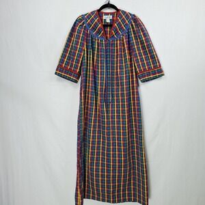 Saybury Rainbow Gingham Seersucker Lounge House Dress Robe Womens M Retro VTG